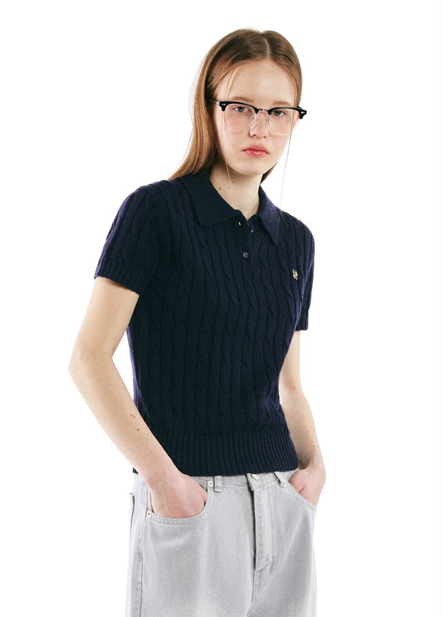 韓國CODEGRAPHY - CABLE SHOTRS COLLAR KNIT_navy