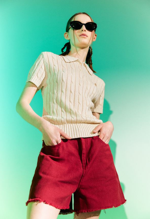 韓國CODEGRAPHY - CABLE SHOTRS COLLAR KNIT_light beige