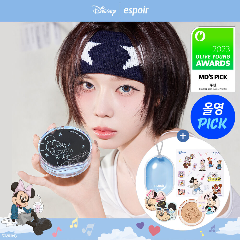 韓國 Olive Young 特別優惠套裝 - [DISNEY EDITION] Espoir Be Velvet Cover Cushion Set (+Refill, 3 Puffs, Puff Case) 天鵝絨蓋墊套裝 (+替換裝, 3 個粉撲, 粉撲盒) ♡OLIVE YOUNG