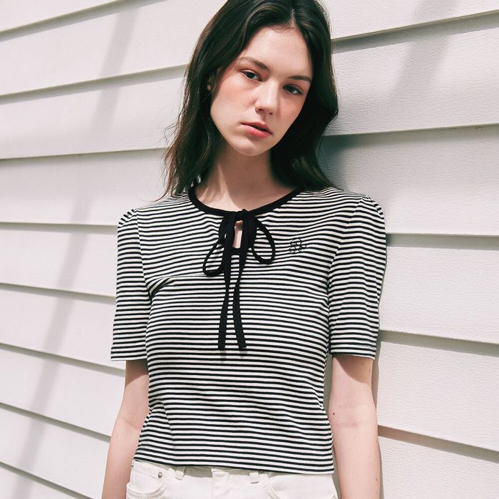 RONRON★韓国★人気★STRING RIBBON PUFF SLEEVE T-SHIRT 韓國RONRON - STRING RIBBON PUFF SLEEVE T-SHIRT BLACK STRIPE