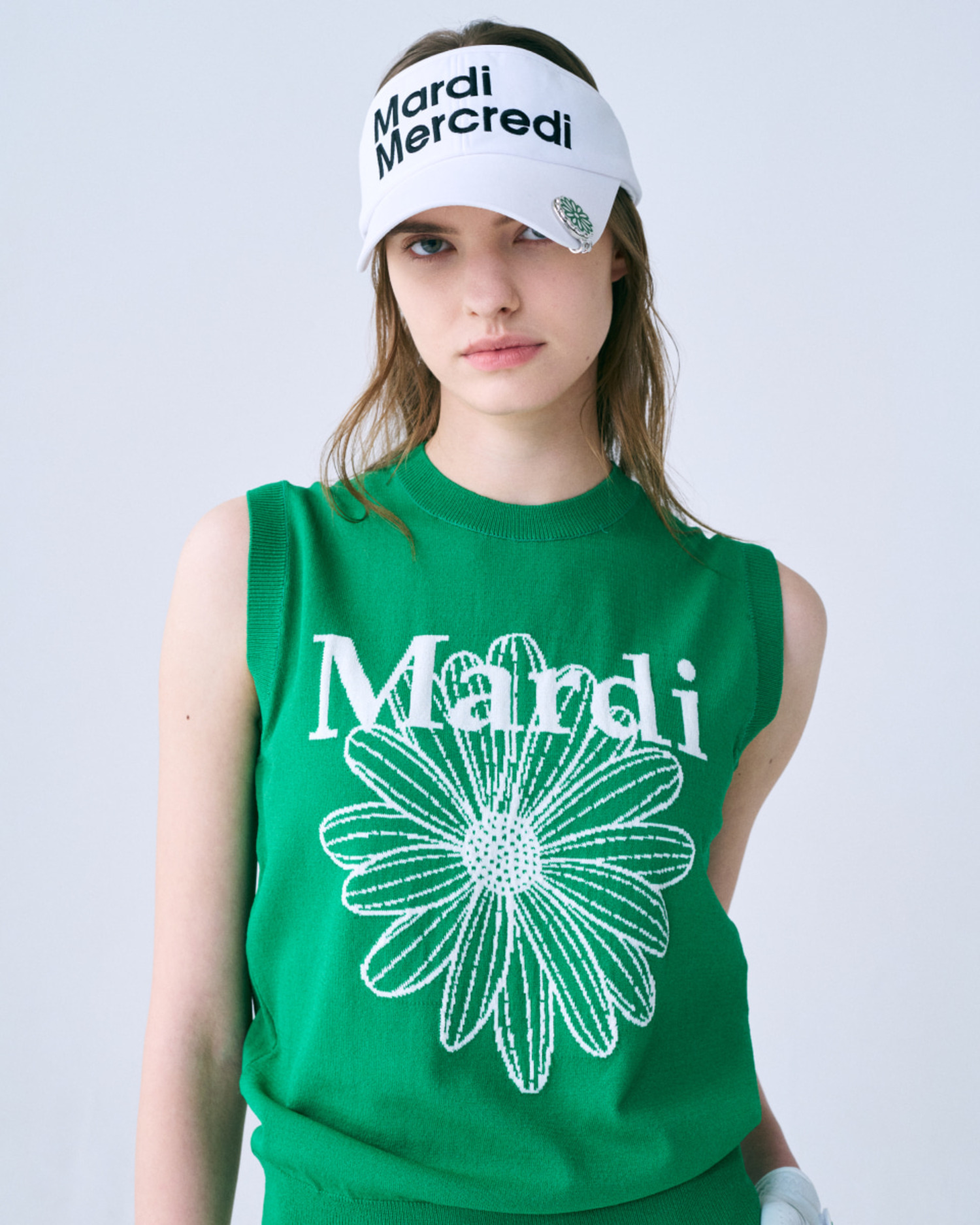 韓國MARDIMERCREDI - MARDI FLOWER SLEEVELESS KNIT TOP_GREEN IVORY